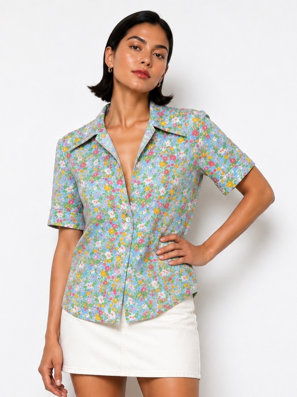 Vintage 70s polyesterFloral Short-Sleeve Button-Down Shirt - Pastel Multi- L